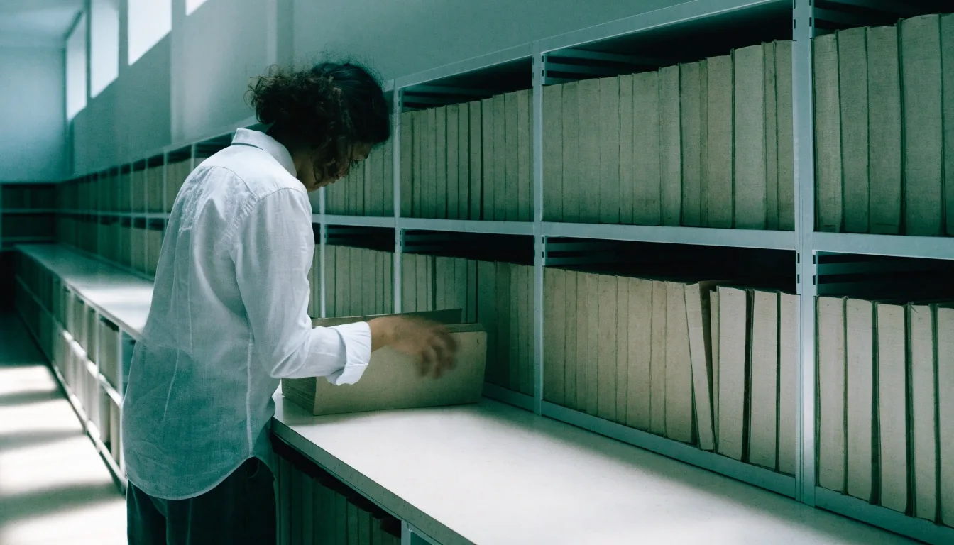 A low-lit documentation room with a long desk line and shelves of neutral-bound volumes