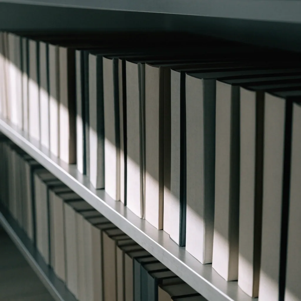A wide shelf of uniform neutral-bound reference volumes aligned in one row