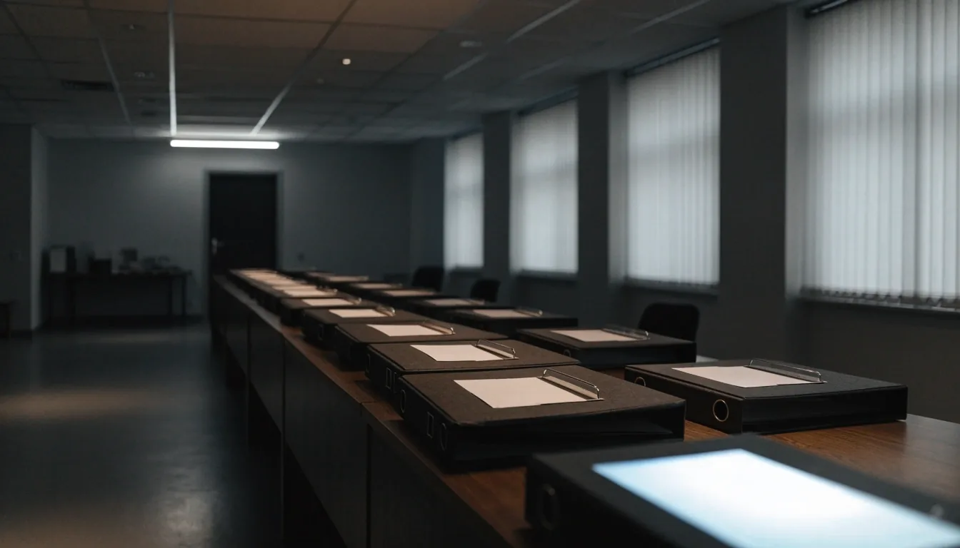 A low-lit documentation room with a long desk line and closed binders