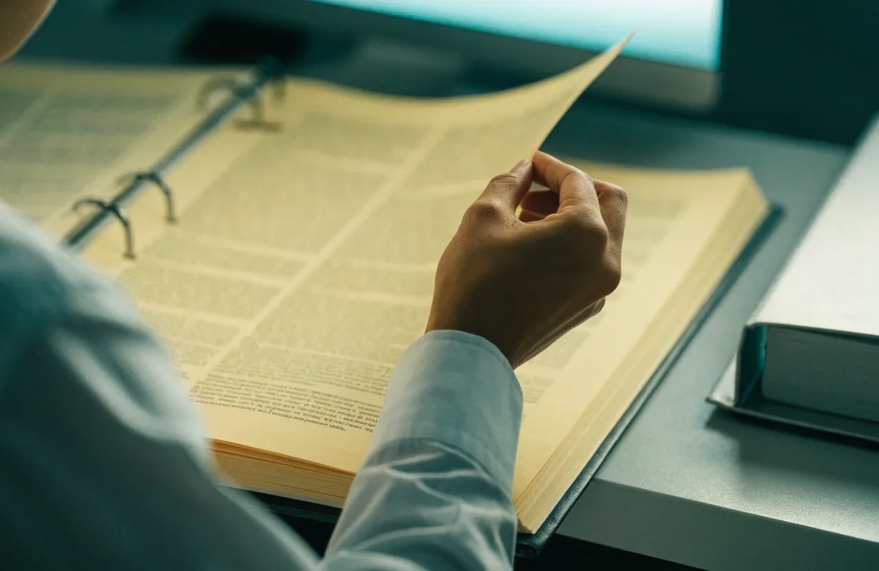 Hands turning pages in a reference binder beside a closed second binder