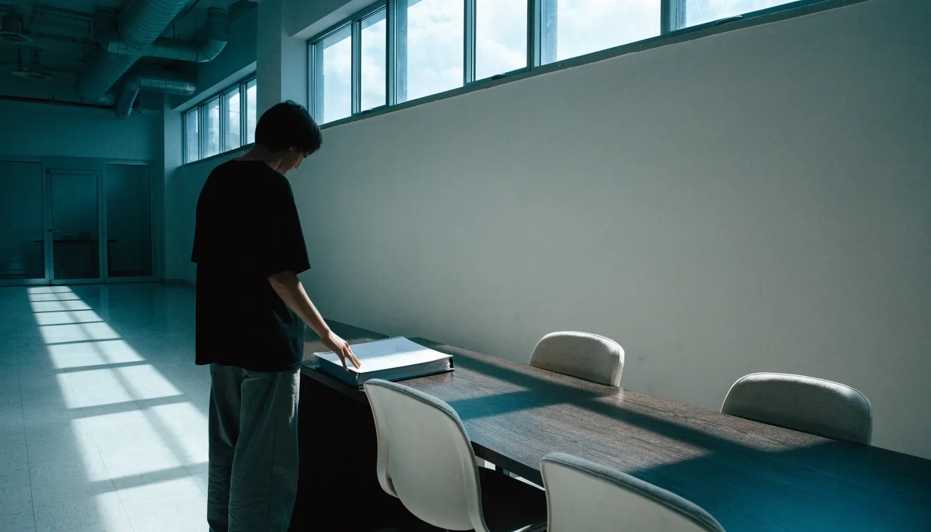 A quiet documentation room with closed policy binders on a long desk and three empty chairs