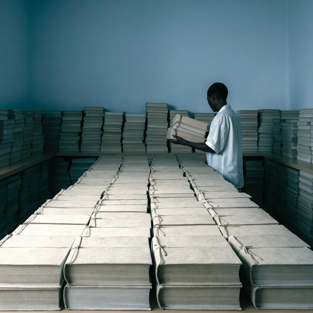 A low-lit documentation room with a long desk line and shelves of closed policy volumes