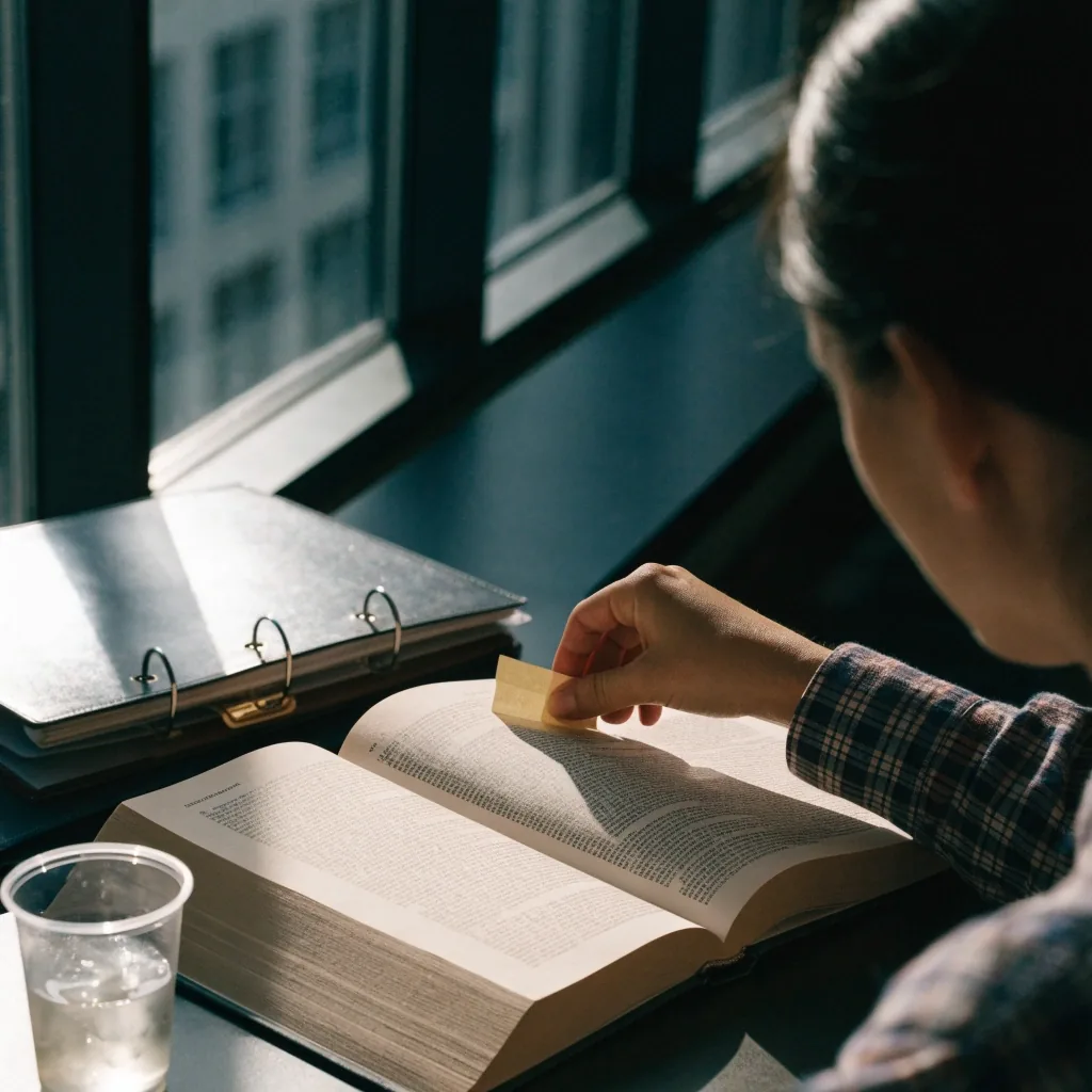 A reader marking a page in a large reference volume at a desk in a quiet documentation library