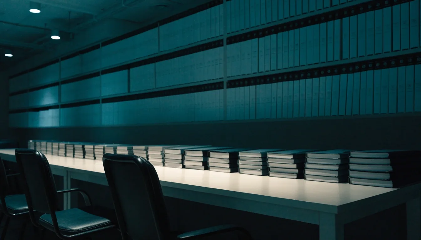 Three empty chairs at a long policy review table with closed binders and a wall of neutral-bound reference volumes