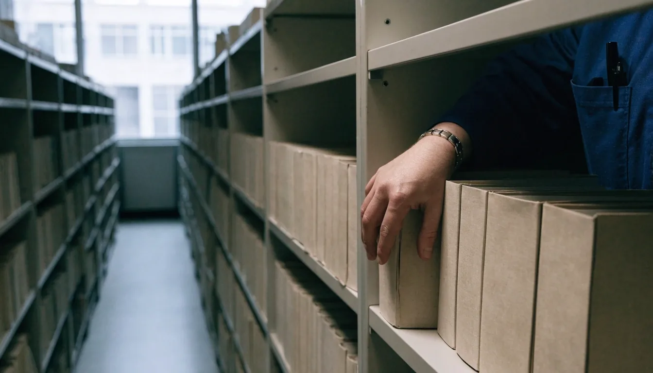 A low-lit documentation room with a long desk line and shelves of plain policy volumes