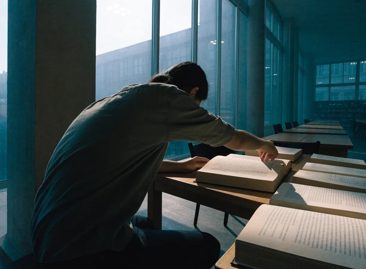 A close crop of hands on an open large-format reference book, pages angled away from the camera