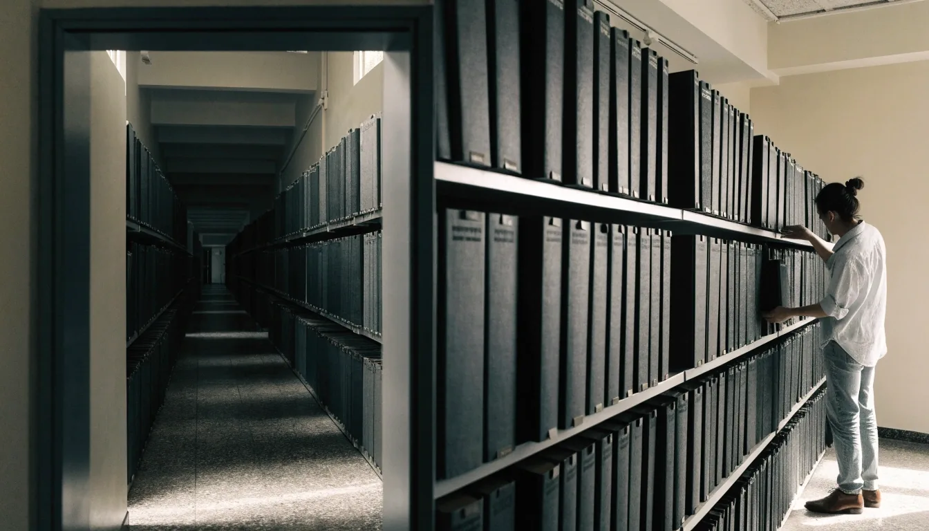A low-lit documentation room with a long desk line, dim monitor glow and bound policy volumes at rest