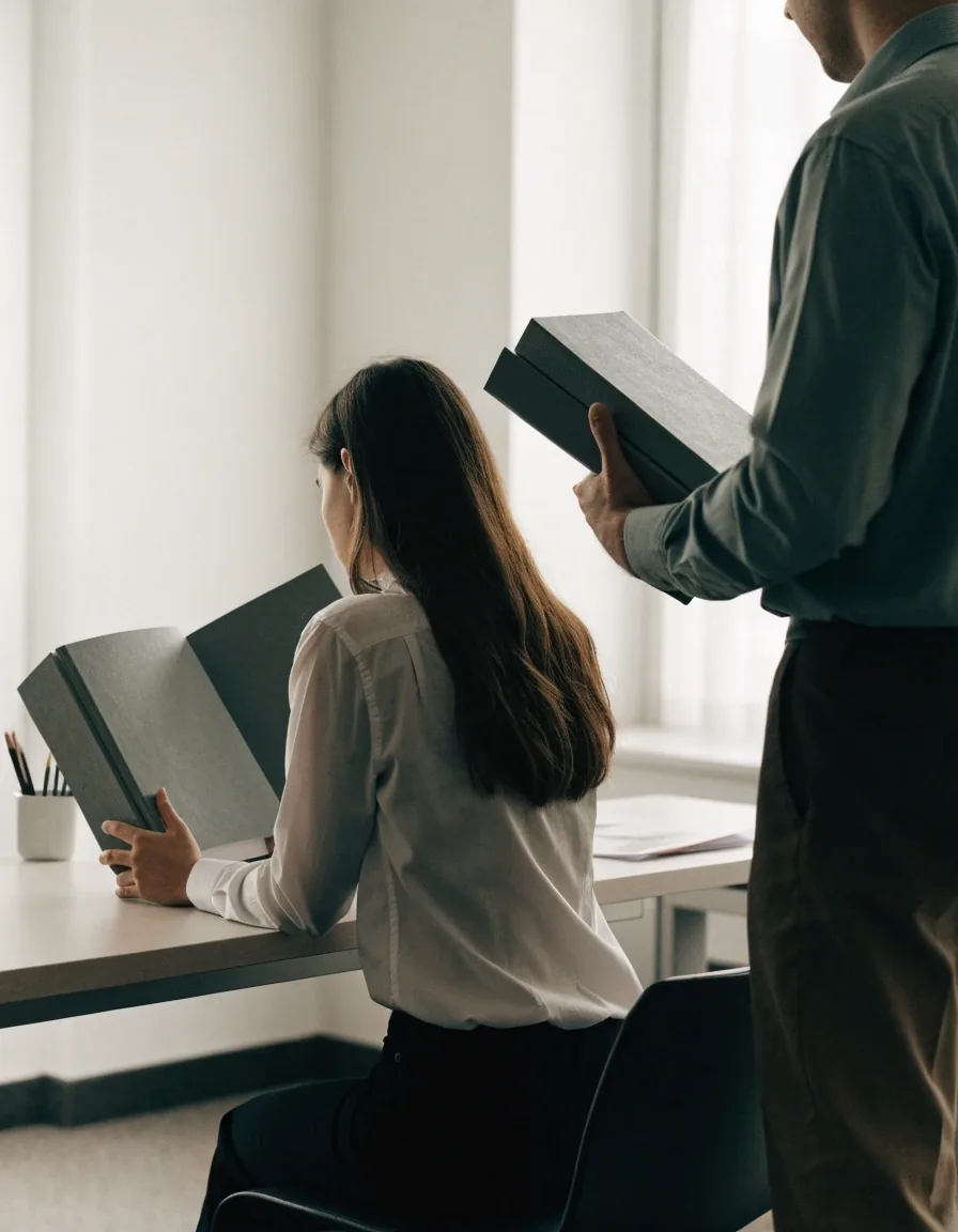 Documentation specialists reviewing closed reference binders together at a desk