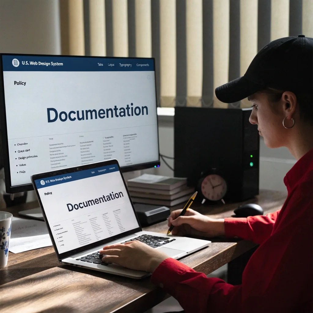 An open reference binder beside closed policy volumes on a documentation desk
