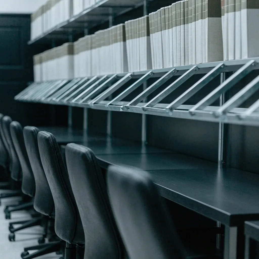 Shelves of neutral-bound policy volumes above a row of quiet reading desks in Obscyra Digital's documentation room