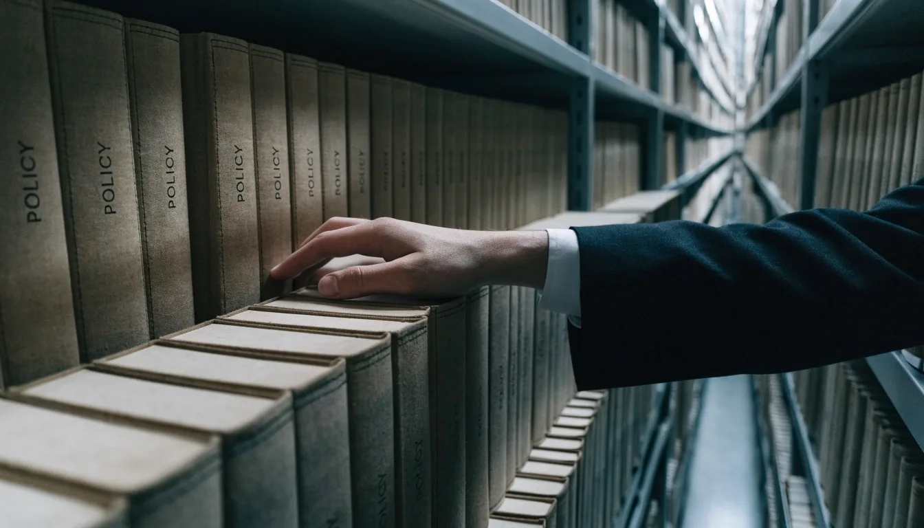 Desks and bound policy volumes in a low-lit documentation room